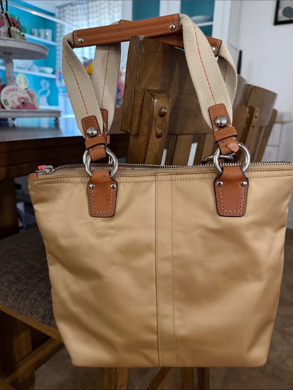 Coach Tan Tote with Pink/Coral Accents - Picture 3 of 8